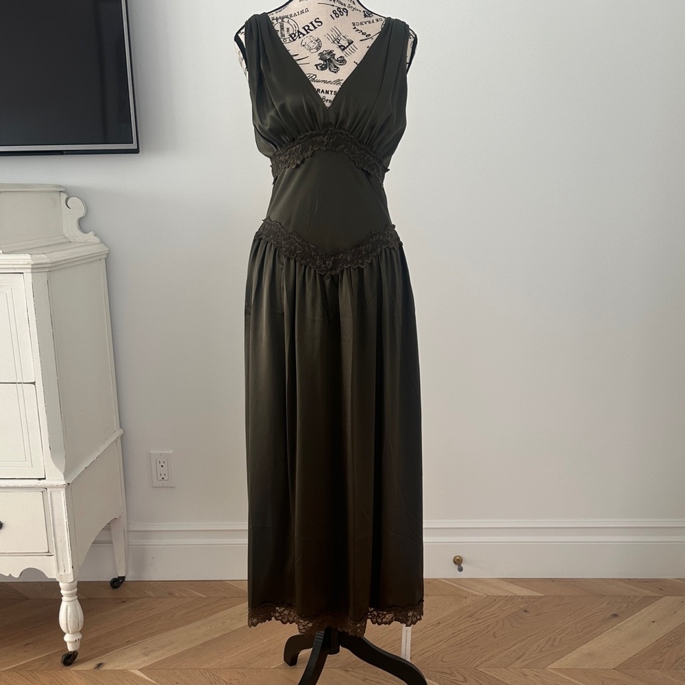 Reformation Stasia Silk Dress with Lace Trim in Pine Tree Green